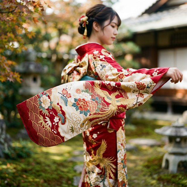 振袖の揺れる袖と吉祥文様