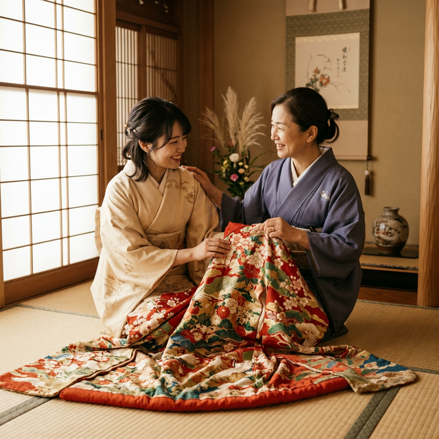 振袖を見つめる母と娘
